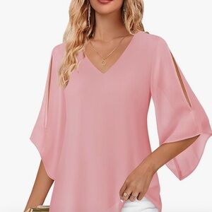 V-Neck Split-Sleeve Blouse in Soft Pink
